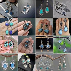 Dangle kolczyki Vintage niebieski żywica komunikat dla kobiet dziewczyna Tribal biżuteria etniczna Hollow geometryczny spadek prezent