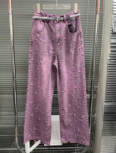 ファッションパープルジーンズの女性ストレートレッグパンツクールストリートスタイルの苦しめられた刺繍ポケットレザーベルトストレートレッグパンツデザイナージャンレディース衣服55