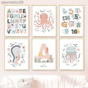 Whale Turtle Octopus Sea Horse Jellyfish Number Wall Art Posters And Prints Nursery Canvas Painting Picture Baby Kids Room Decor L230704