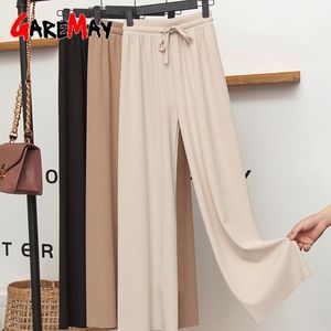 Dresses Slacks Women's Loose Summer Pants Soft Ice Silk Anklelength Black Wide Leg Pants Grey Khaki Women High Waisted Trousers