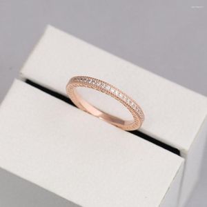 Cluster Rings S925 Silver Rose Stackable Love Hearts With Crystal Ring For Women Wedding Party Fit Lady Fine Jewelry