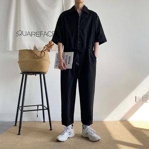 Men s Pants Overalls Jumpsuits Summer Fashion Casual Nine Point Cargo Japanese Retro Male Clothes Couple Loose Solid Color Suit 230711