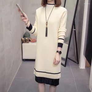 Casualowe sukienki koreański damski jesienno-zimowy sweter sukienka pół zabudowany dekolt średniej długości dzianinowy plisowany patchworkowy sweter Top M1606