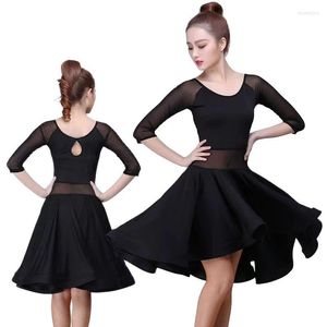 Stage Wear Adult Latin Dance Suit Professional Mesh Long-sleeved Competition Performance Dress Women Gauze Black Fishbone Skirt