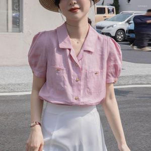 Damblusar Stor storlek Vintage Linne Sommar Kortärmad Skjorta Dam 2023 Bubble Rosa Slim Blus Dam Andas Cool Topp KL9