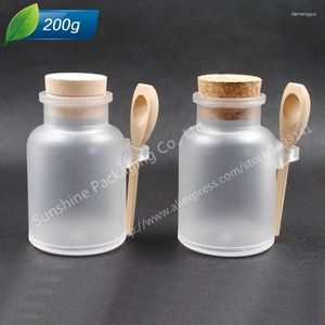 Storage Bottles 12 X 200G ABS Round Bath Salt Bottle 200ml Powder Plastic With Cork Jar Wood Spoon Packaging