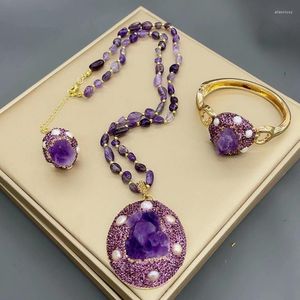 Halskette-Ohrringe-Set, 3-in-1, einzigartiger natürlicher Amethyst-Kristallschmuck für Frauen, Turmalin-eingelegter CZ-Zirkon-Quarz-Ring