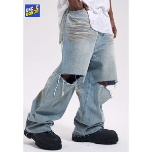 Jeans masculino Jeans jeans rasgados no joelho com buracos grandes perna larga esfregando hip hop calça elefante streetwear masculino y2k vintage baggy 230711