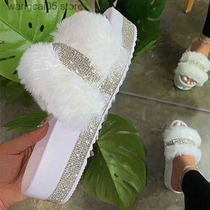 Pantofole Designer di lusso Donna Pelliccia Pantofole con strass Piattaforma Zeppe Tacco Solid Fluffy Furry Slides Fuori Scarpe sexy Ladies T230712