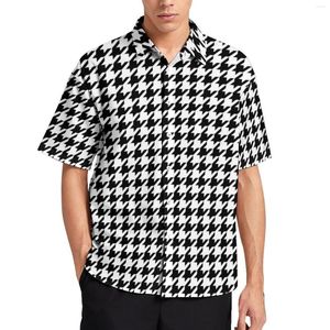 Men's Casual Shirts Cool Houndstooth Loose Shirt Men Vacation Checkered Print Hawaiian Graphic Short-Sleeve Fashion Oversized Blouses