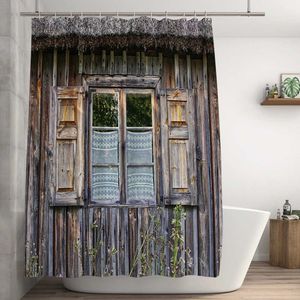 シャワーカーテン3Dレトロガーデンシャワーカーテン木製の家の木製ドアウィンドウプリント写真背景カーテンハウス装飾バスルームカーテン