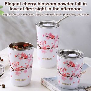 Mugs Stainless Steel Cherry Blossom Thermal Mug with Lid Double Wall Coffee Leak-Proof Water Cup Travel Camping Tea Tumbler Drinkware R230712