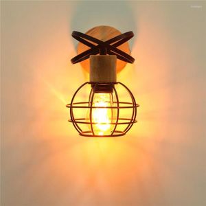 Vägglampa Industriell Retro Trä LED-lampor Järnbur Vintage E27 Ljusarmatur Sovrum Sängbord Trappa Gang Korridor Veranda Sconce