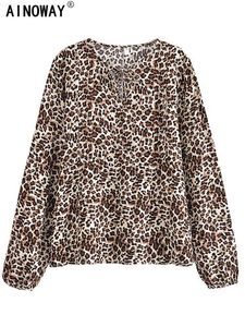 Kvinnors blusar skjortor vintage chic kvinnor leopard tryckt v-hals snörning bohemiska blus skjortor långärmad tofs boho skjorta rayon toppar blusas l230712