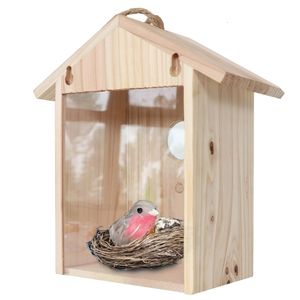 Bird Cages Blue Birds House Wood Window Birdhouse Weatherproof Nest Designed with Perch Transparent Rear for Easy Watch 230711