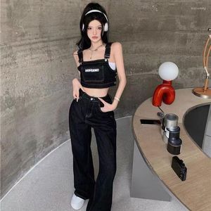 Women's Jeans Korean Fashion Two-piece Top Pants Suit Black Overalls Large Pocket Jumpsuit Denim