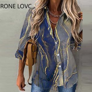 Women's Blouses Shirts 2023 Women Tops Marble Print Long Sleeve Button Down Shirt Spring Blouse Vacation Tops L230712