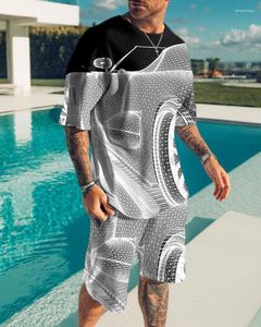 Fatos de treino masculinos 2023 Conjuntos de camisetas de verão com decote em O e shorts de 2 peças Agasalho de treino 3D The Car Printed Seaside Tops Man Outfits