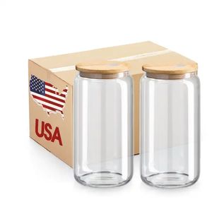 US STOCK Sublimation Blanks 16oz Glass Can Mugs Clear Juice Water Bottle With Bamboo Lid DIY Milk Cups For Gift