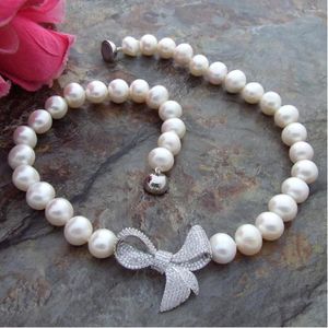 Chains Hand Knotted Necklace 10-11mm White Nearly Round Freshwater Pearl Sweater Chain Micro Inlaid Zircon 45cm