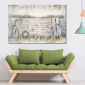 Judisk Jerusalem Canvas Art Västmuren Vitguld Grå Handgjorda oljemålningar Samtida väggdekor