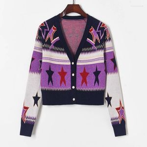 Damstickad Runway Cardigan Crop Top Dam V-ringad Tröja Kappa Vår 2023 Hit Färg Lurex Geometric Star Jacquard Stickad Lila