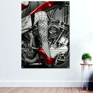 Banner Flags Beautiful Legs in Stockings Motorcycle Banner Wall Hanging Flag Locomotive Posters Tapestry Wall Decor Painting Gifts for Men 230712