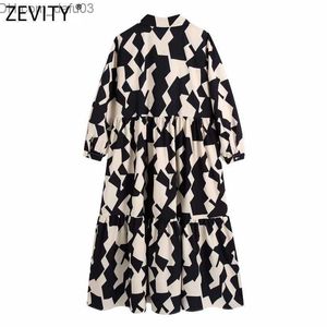 Vestidos Sexy Urbanos Zevity Feminino Vintage Cor Contraste Estampado Geométrico Camisa Midi Plissada Vestido Feminino Único com Lapela Vestido Empresarial DS8767 Z230713