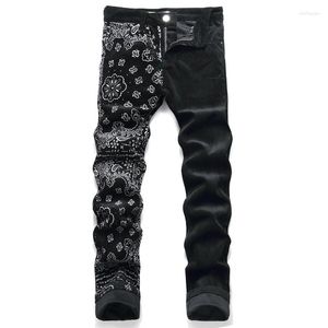 Erkek kot pantolon ince fit baskılı kadife pantolon çiçek desen rahat siyah uzun pantolon hombre patchwork lüks hip hop sokak kıyafetleri