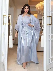 Ethnic Clothing Feather Djellaba Muslim Dress 3 Pieces Shiny Suits Elegant Long Islamic Women Modest Wear EID Sets WY984