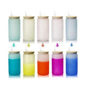 16oz Sublimation Glass Cups Cold Color Changing Frosted Glasses Tumbler Water Bottle Cola Beer Can Tumblers Mugs Beverage Drinking Cup With Bamboo Lids & Straws