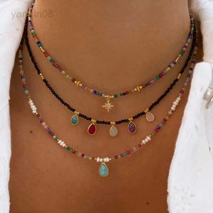 Pendant Necklaces Bohemian Colorful Natural Stone Black Agate Collar Fashionable Charm Water Drop Pendant Necklace Man Women Banquet Party Chokert HKD230712