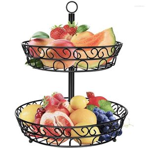 Plates 2 Tier Metal Fruit Plate Basket Detachable Countertop Vintage Hollow Out Black Tray Stand Holder Kitchen Organizer