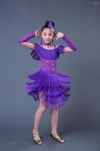 Vestuário de palco 2023 Moda Lantejoulas Franjas Borla Vestido de Dança Latina Meninas Trajes de Performance Tango Ballroom Crianças