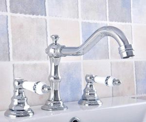 Banyo lavabo muslukları gümüş cilalı krom pirinç güverte monte edilmiş havza musluk yaygın vanity mikser musluk üç delik/iki sapı Anf538
