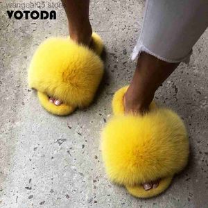 Slippers Luxury Fur Slippers Women Fur Slides 100% Real Rabbit Flip Flops Fox Hair Flat House Furry Slipper Warm Female Home Slides Shoes T230712