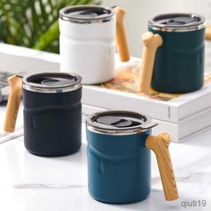 Mugs 510ml Wooden Handle Coffee Mug with Lid Stainless Steel Liner Beer Cold Drink Double Wall Water Cup Espresso Juice Cup Drinkware R230712