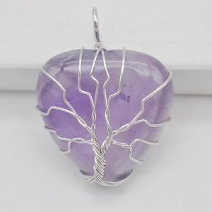 Pendant Necklaces Lucky Handmade Tree Of Life Purple Crystal Stone Heart Wire Wrap Jewelry S3165