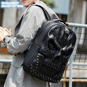 Factory wholesale men brand shoulder bags 3 colors soft embossed leather leisure backpack street popular skull fashion computer bag cool punk rivet backpacks 3198#