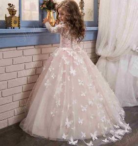 Mädchenkleider Klassisches Tüll-Blumenmädchenkleid mit Schleife, Spitzenapplikationen, lange Ärmel für Hochzeit, Geburtstag, Ballkleid, Erstkommunion-Kleider 230712