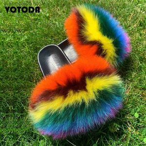 Slippers Summer Furry Shoes Women Fur Slippers Fluffy Raccoon Fur Sandals Fox Hair Slides Flat Rainbow Flip Flop Fuzzy Shoes Woman Slider T230712