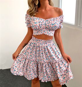 Frauen Sommer Bohemian Floral Röcke Weg Schulter Kurzarm Crop Tops A-linie Rock 2Pcs Sets Weibliche Zwei Stück Set