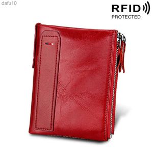 RFID podwójny zamek błyskawiczny portfele damskie oryginalna skóra bydlęca wysokiej jakości etui na karty torebka damska Vintage etui na monety portfele dla dziewczyny L230704