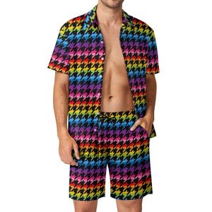 Erkeklerin Trailtsuits Gökkuşağı Houndstooth LGBTQ Erkekler Retro Baskı Sıradan Şort Yaz Hawaii Plajı Gömlek Set Kısa Kollu Grafik Plus Boyut Takım 230711