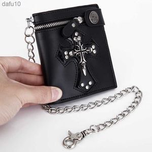 Moda fajna PU skóra Punk Gothic czaszka krzyż torebka z uchwytem portfele z łańcuszkiem dla kobiet mężczyzn L230704