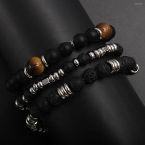 Strand MHS.SUN Classical High Quality Stainless Steel Bracelet Handmade Charming Natural Stone 7MM Lava Beaded Hip Hop Men Jewelry