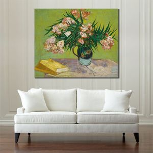 Vase with Oleanders and Books Handmade Vincent Van Gogh Painting Landscape Impressionist Canvas Art for Entryway Decor