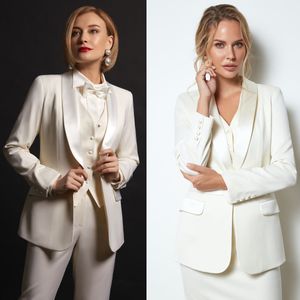 Ivory Satin Women Blazer Suits Slim Fit Street Power Leisure Evening Party Jacket Outfit Wedding Wear 3 Pieces