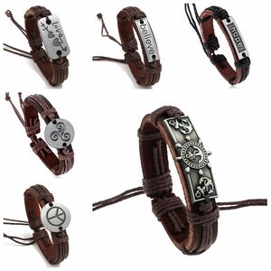 Hot Rea Retro Läder Armband Rep Armband För Män Kvinnor Pojkar Justerbar Läder Wrap ID Armband Smycken Tillbehör Svart Brun