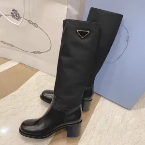 Women Boots Triangle Panelled Knee-high Chunky Block Heel Leather Sole Tall Riding Boot Womens Designers High Quality Fashion Shoes Factory 100% Leather boot